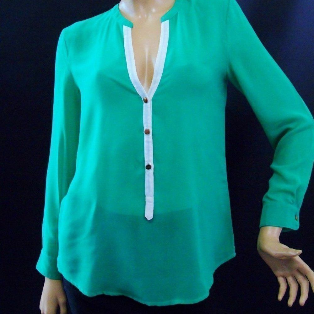 Francesca’s Sheer Green Blouse White Trim V Neck